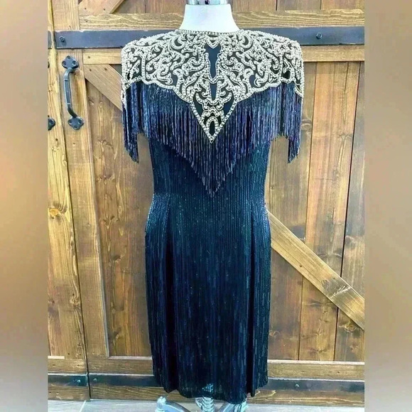 Jacqueline Ferrara Vintage 80s Beaded Black Evening Gown Size 12 - Picture 1 of 11